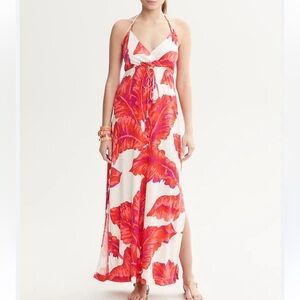 [S]Banana Republic MILLY COLLECTION Red BANANA-LEAF Maxi Halter Silk Blend DRESS
